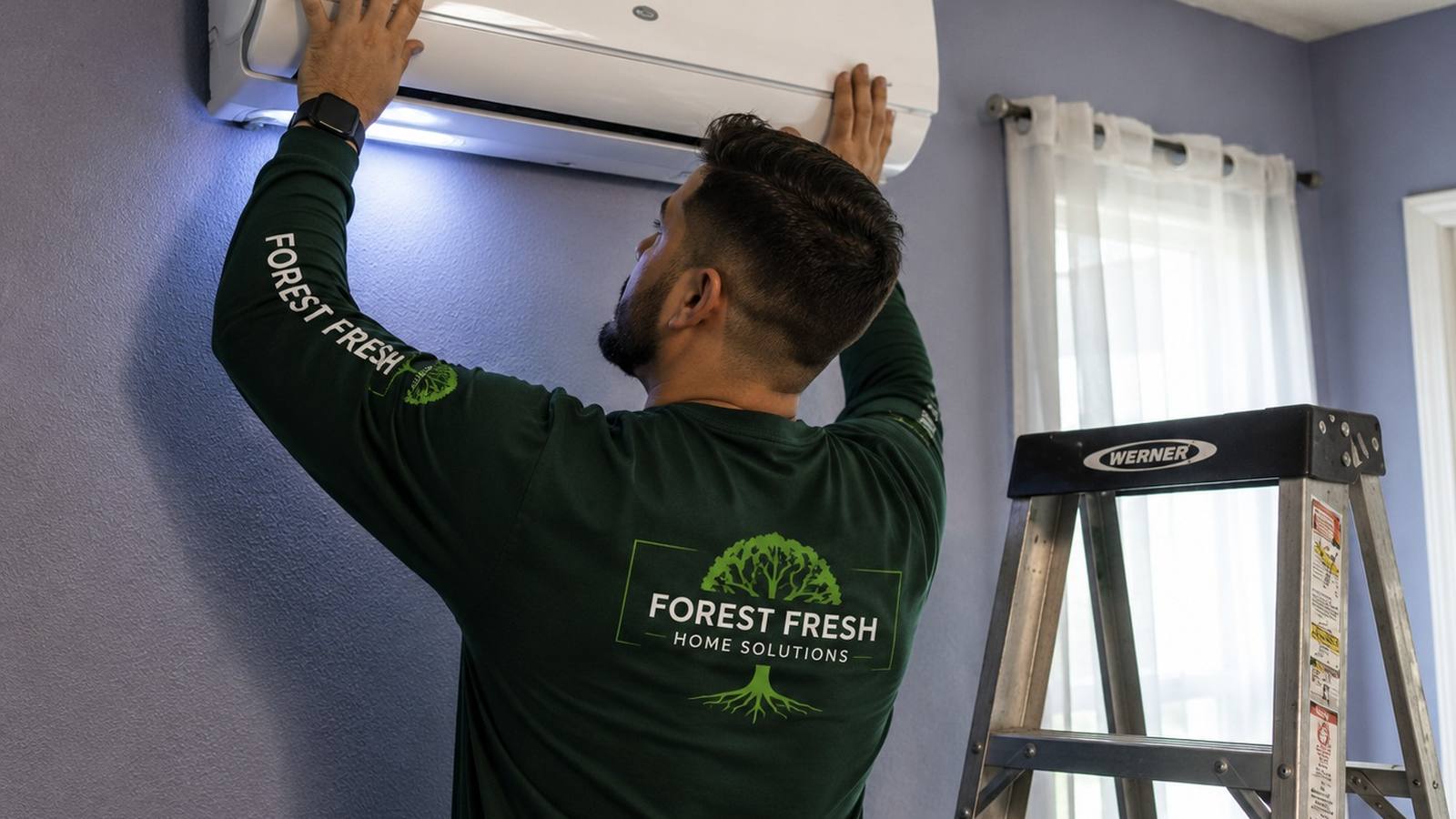 Forest Fresh technician installing a ductless mini-split in Portland